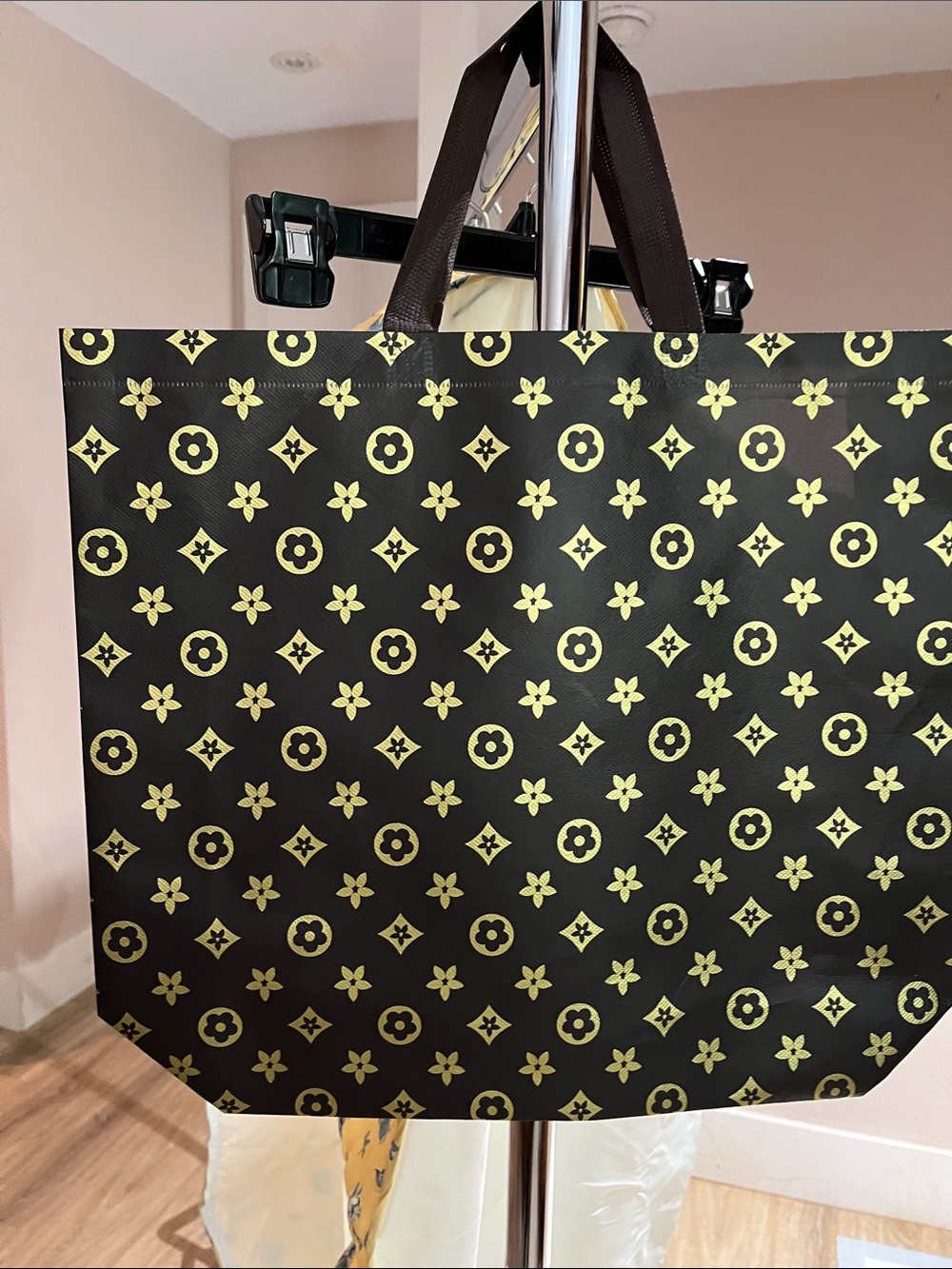 Black Tote Bag with Yellow Monogram Print